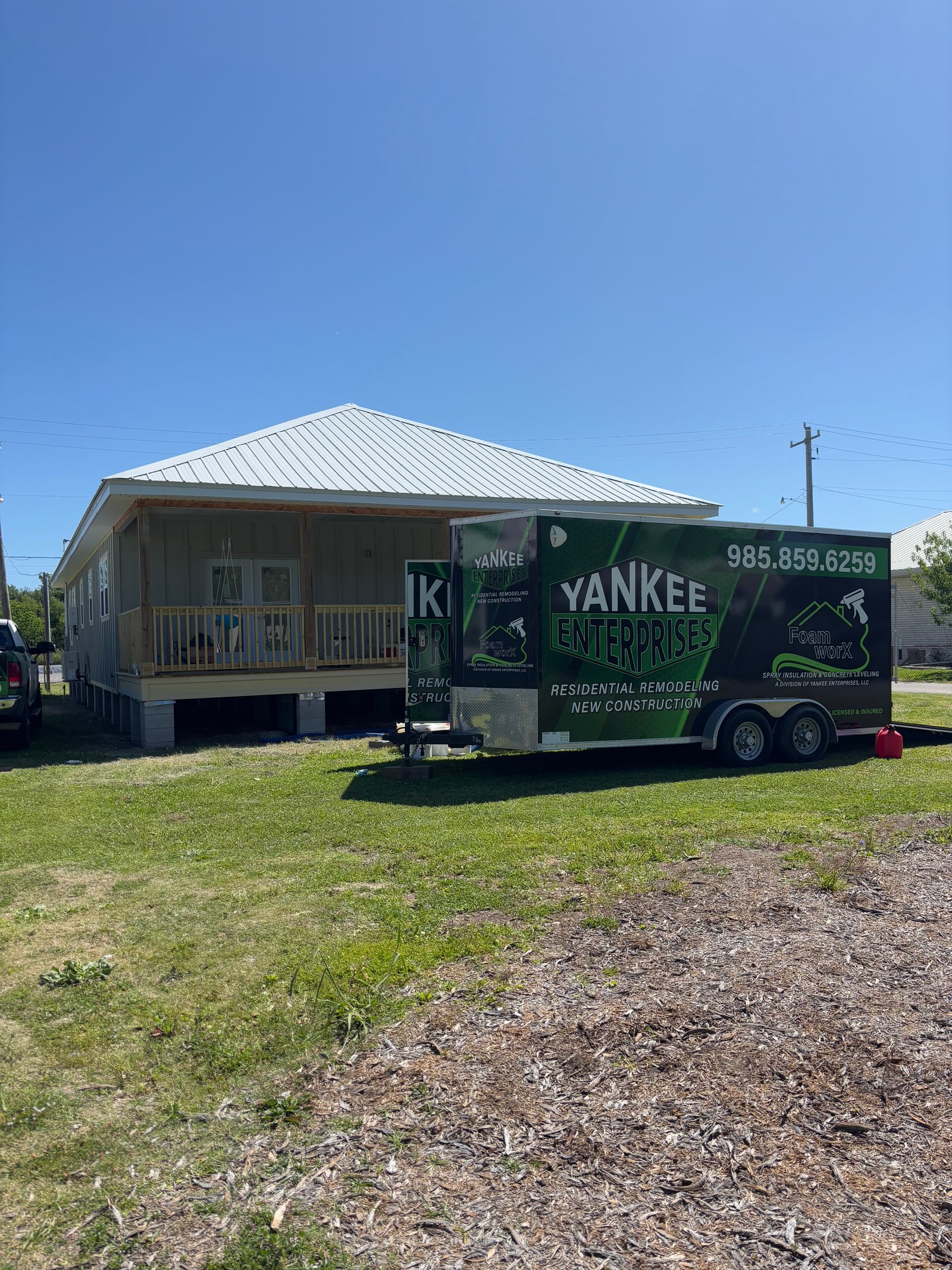 Bayou Spray Foam trailer at new construction job site South Louisiana